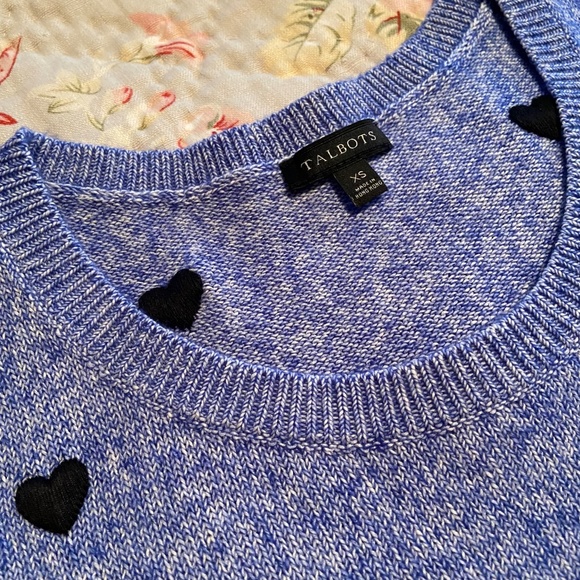 NWOT Talbots Cotton Sweater, XS, Marled Blue/White, Embroidered Hearts - Picture 4 of 5